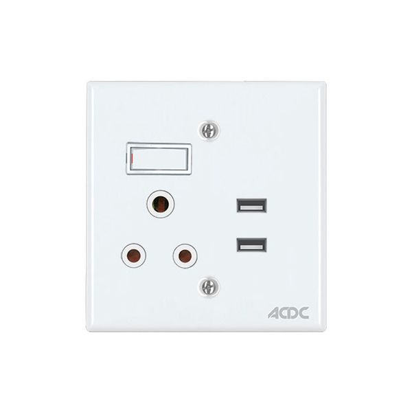 ACDC - 16a Switched Socket 4x4 + Usb C/W White Steel Cover Plate