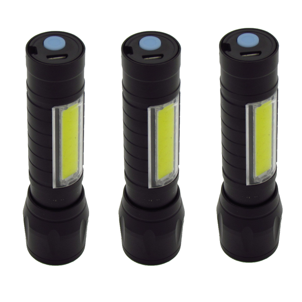 Pack of 3 - Mini Alloy USB Rechargeable Torch with Side Light and Zoom
