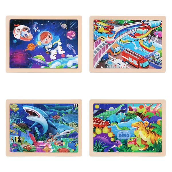 Kids Wooden Jigsaw Puzzle Set of 4, 24 Pieces Each, Themed Educational Toy