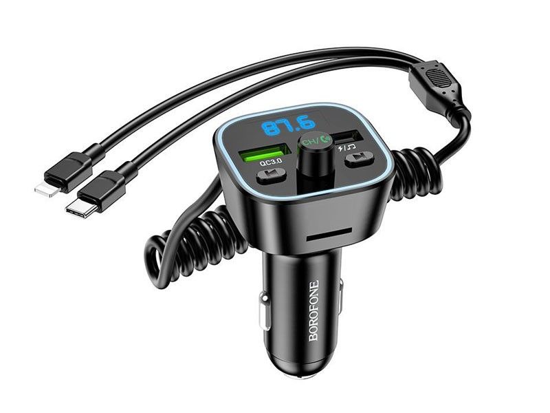FM Transmitter Car Charger 18W with Type-C &amp; Lightning Cable, Wireless MP3