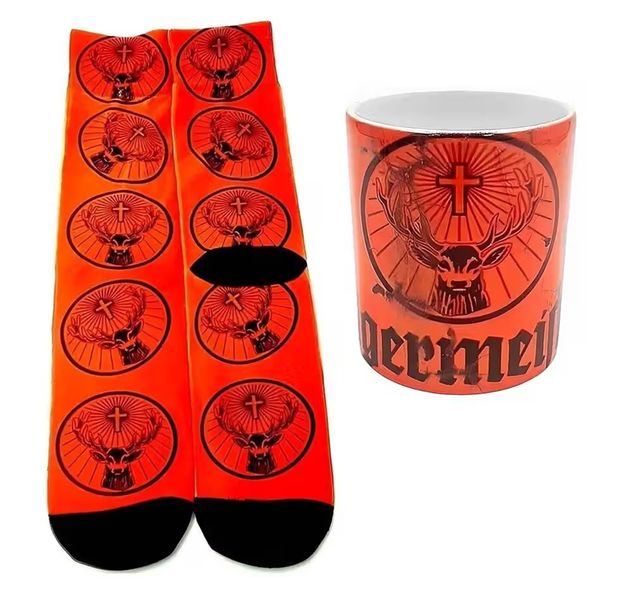 Novelty Socks In A Retro Style Mug Featuring A Hunter's Jager Drink Design