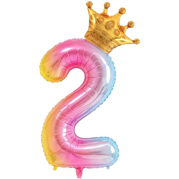 Rainbow Crown Number Foil Balloon - Gradient Birthday Party Number 2