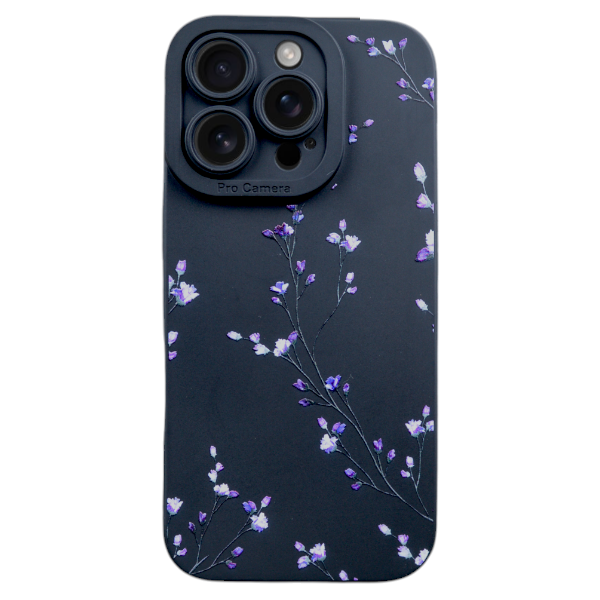 Purple Floral Phone Case Compatible With iPhone 16 Pro - Black