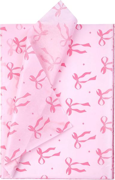 Pink Bow Tissue Paper - 60 Sheets 14 x 20 Inch Pink Ribbon Bow and