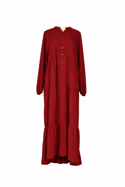 Red Tiered Button-Front Modest Maxi Dress with Long Sleeves Abaya Style