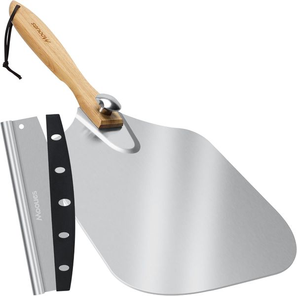Pizza Peel Aluminum Pizza Spatula 14"x 16" with Pizza Cutter Wood Handle