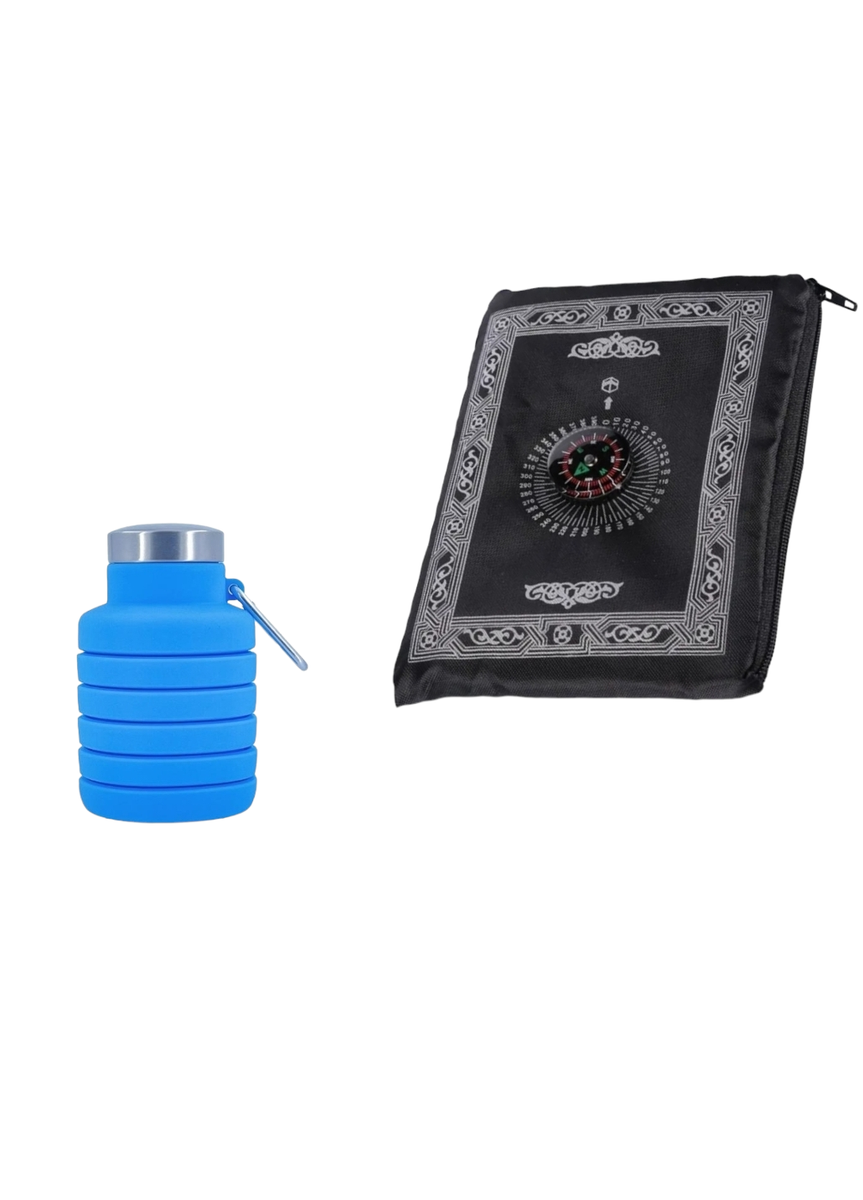 Muslim Travel Prayer Mat with Compass Qibla Finder and Ablution Bottle