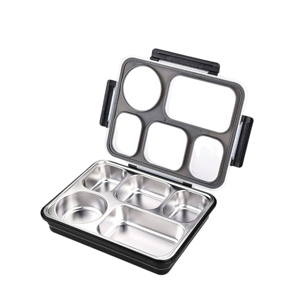 Lunch Box 5 Compartment Stainless Steel Large Container - SUS304-Black