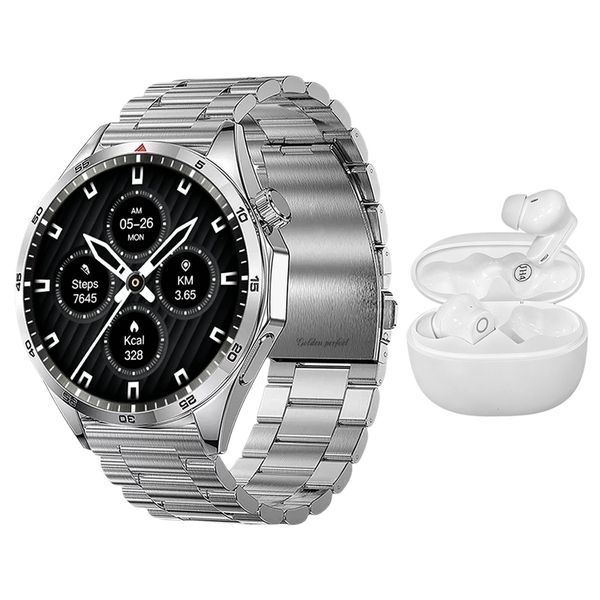 Golden Perfect Men's Watch &amp; Wireless Earbuds Bundle - Classic Silver Style