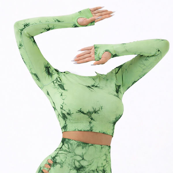 Women's Long-Sleeve Tie-Dye Activewear Set (2-Piece)-Green