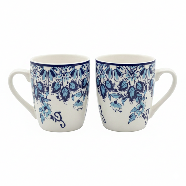 Blue And White Floral Ceramic Coffee/Tea Mugs - Set of 2