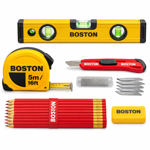 Boston Builder Measuring Tool KitTape Measure Spirit Level Knife Pencil