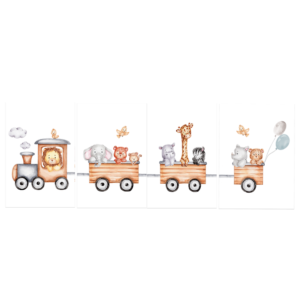 Safari Animal Train over 4 Pages, A4 Unframed Prints