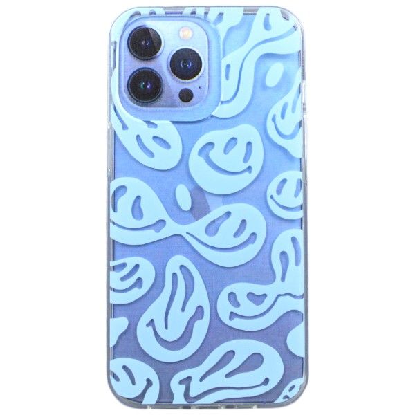 Blue Abstract Smiley Print Phone Case For iPhone 14 Pro Max - Transparent