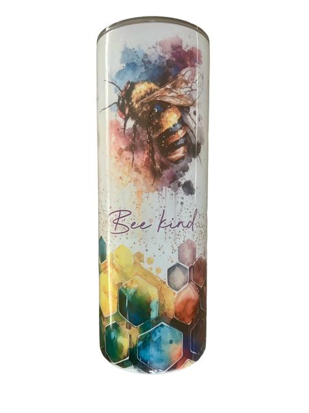 Stainless Steel Tumbler 600ml with Sealable Lid &amp; Straw - "Bee Kind" Print