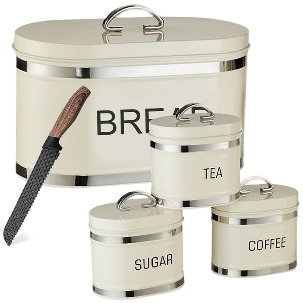 Set of 5 - Stainless Steel Bread Bin &amp; Tea Coffee &amp; Sugar Canister Set