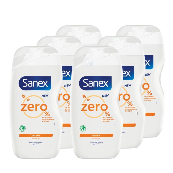 Sanex Zero% Dry Skin Shower Gel - Body Wash, Bulk Offer - 6 x 500ml
