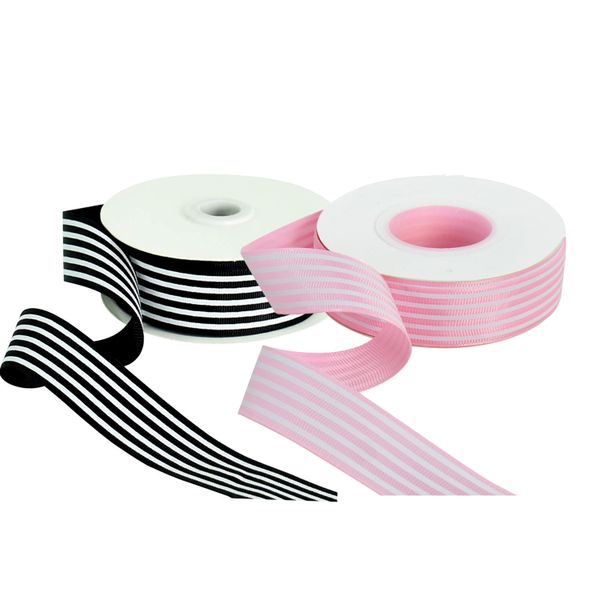 2-Roll Striped Ribbon Set -Black and White and Pink and White (2.5cm x 36m)