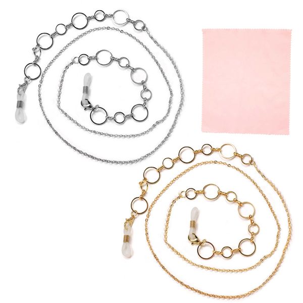 Anti-Slip Eyeglass Chains and Microfiber Cloth-Gold and Silver-Circles - 2 Piece