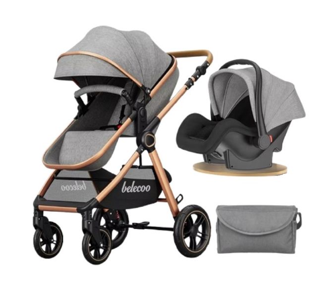 Belecoo X1 D Baby Stroller 3 in 1 Pram- black And Rose Gold Frames-Grey