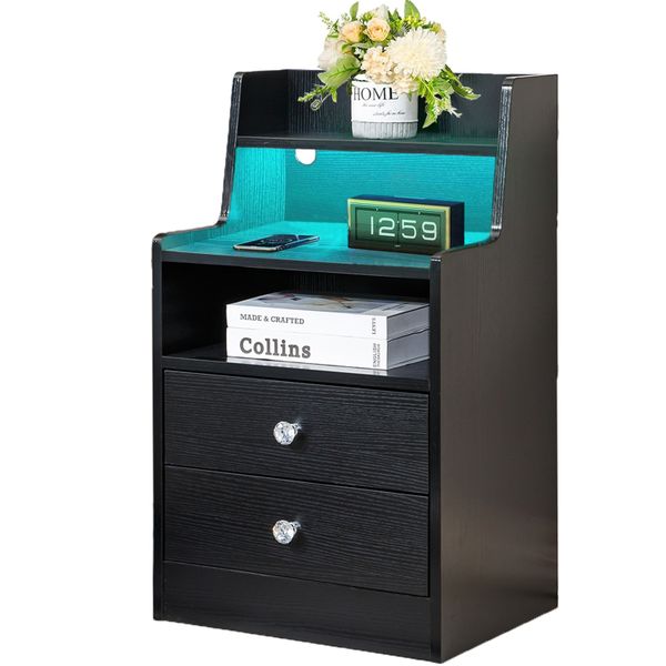Nightstand Side End Table LED Bedside Table with 2 Drawers Storage Shelves