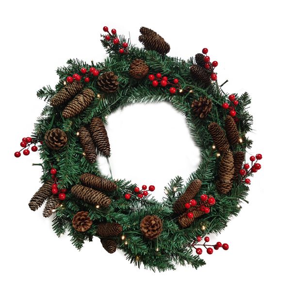 Northern Lights Forest Wreath with Pinecones, Berries &amp; Lights