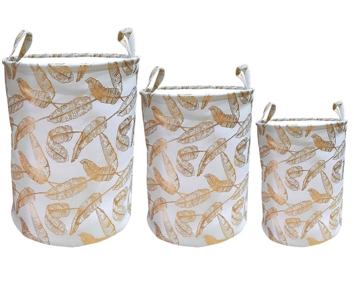 3 Piece Elegant Collapsible Golden Feather Print Laundry Basket