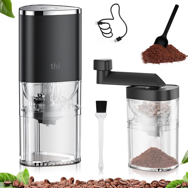 thl Portable Coffee Grinder - Electric/Hand Burr Mill for Fine-Coarse Grind