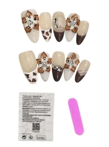 10 Piece - Almond-Shaped Press-On Nails with Leopard Floral &amp; French Tips