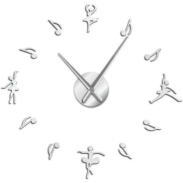 Fashion Music Notes Ballet Dancer Acrylic Wall Sticker Clock - Silver