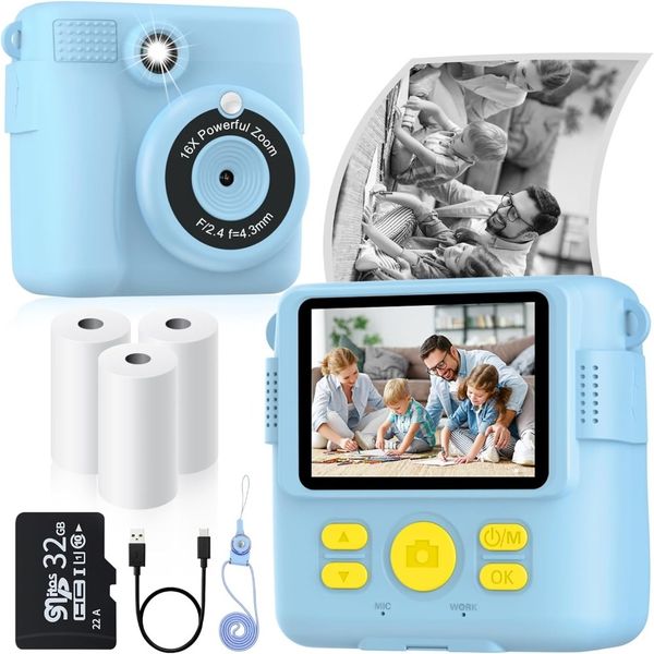 Instant Print Camera for Kids with 3 Rolls of Printer Paper, 1080P