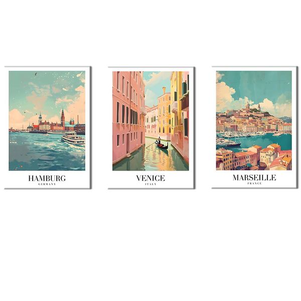 Canvas-Art-3 Pieces Marseille ,Venice &amp; Himburg Travel Wall Art