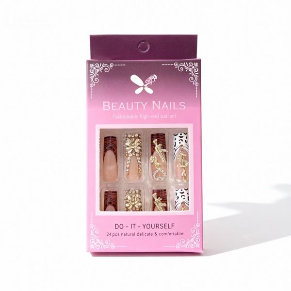 Press On Nails French Tip Leopard Rhinestone Brown