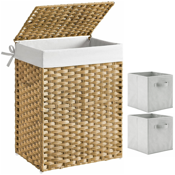 90L Laundry Basket With Lid, Compartment &amp; Linen,2 Collapsible Storage Cube