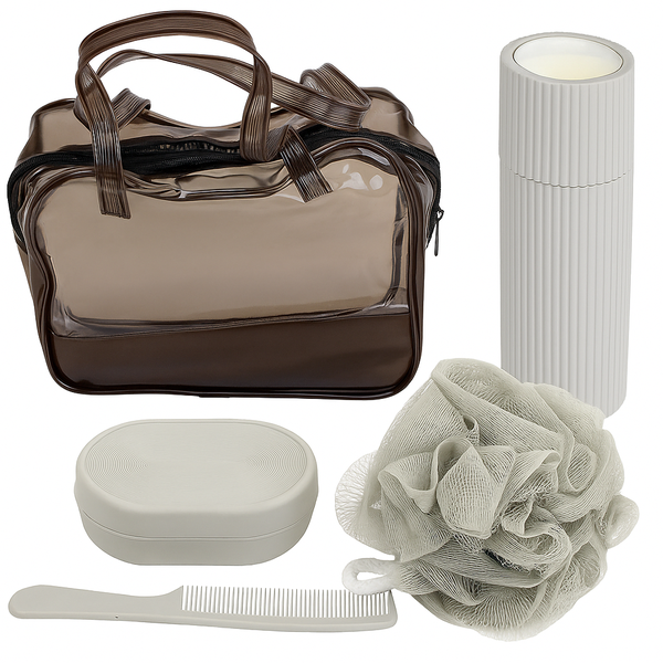 Travel Toiletry Bag Set with Bath Sponge, Soap Holder &amp; Refillable Bottle