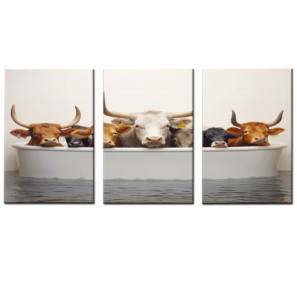 Canvas-Art-3 Pieces Soft Colours Cows In A Bathtub Animals Wall Art