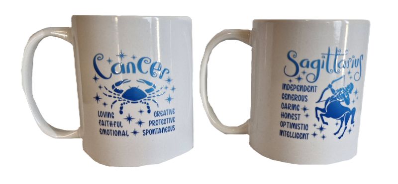 Set of 2 Coffee mugs with Zodiac sign Cancer &amp; Sagittarius