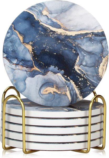 6 Piece Ceramic Coasters with Holder, Navy Blue Round Coasters Ceramic Marble