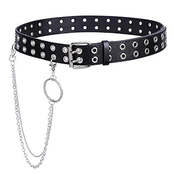 Double Grommet PU Leather Double Hole Eyelet Belt for Women Decorated
