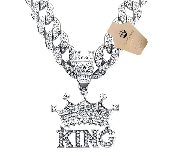Hip Hop Crown with King Pendant Necklace with 13mm Crystal Cuban Chain