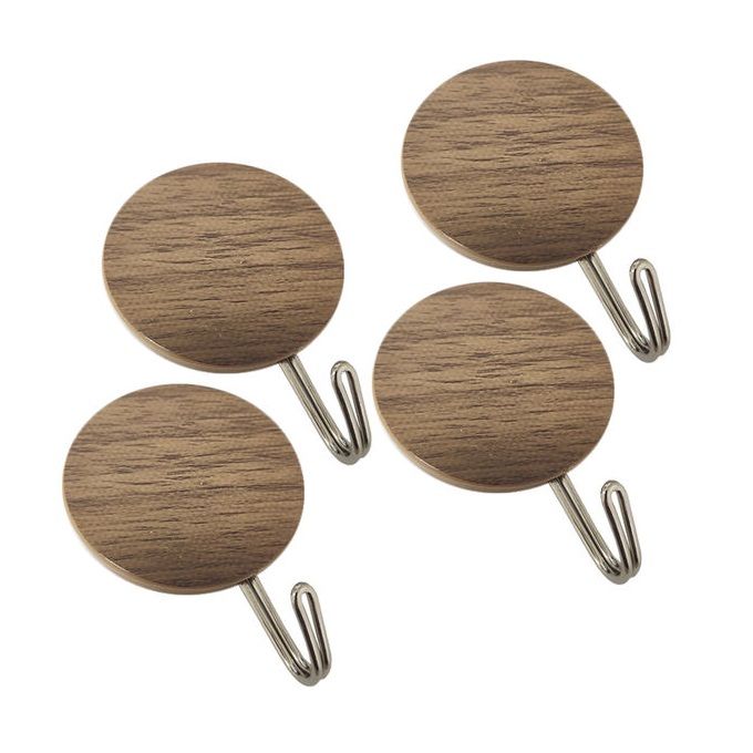 Adhesive Round Wooden Grain Design HeavyDuty Wall Hooks Set 4 Piece