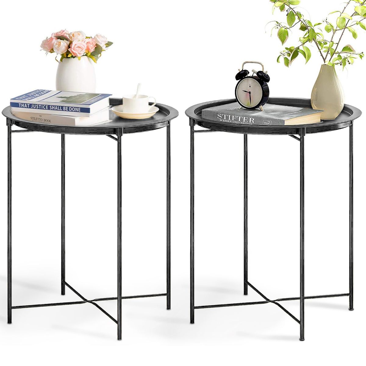 2 Pieces Side Tables Round End Tables Steel Patio Tables Nightstands