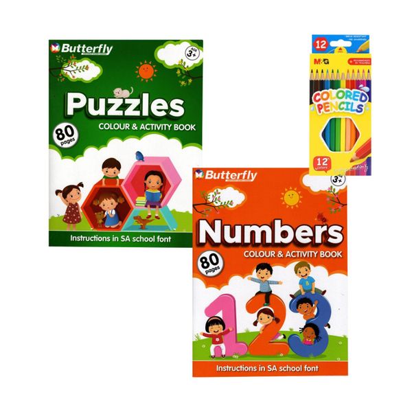 Set of 2 Educational Activity Books - Numbers and Puzzles + Colour Pencils