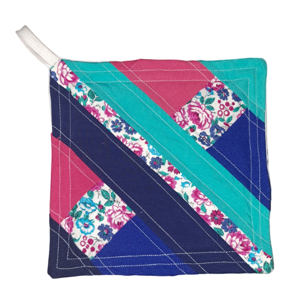 Heat Resistant Pot Holder/Coaster - Navy, Teal and Florals - Diagonal