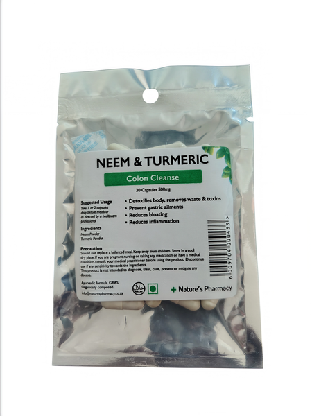 30 Neem &amp; Turmeric Capsules (500mg) for Better Digestion &amp; Colon Cleansing
