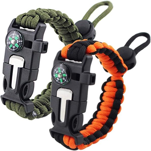 2pack Survival Paracord Bracelet Flint Fire Starter Scraper Compass Whistle