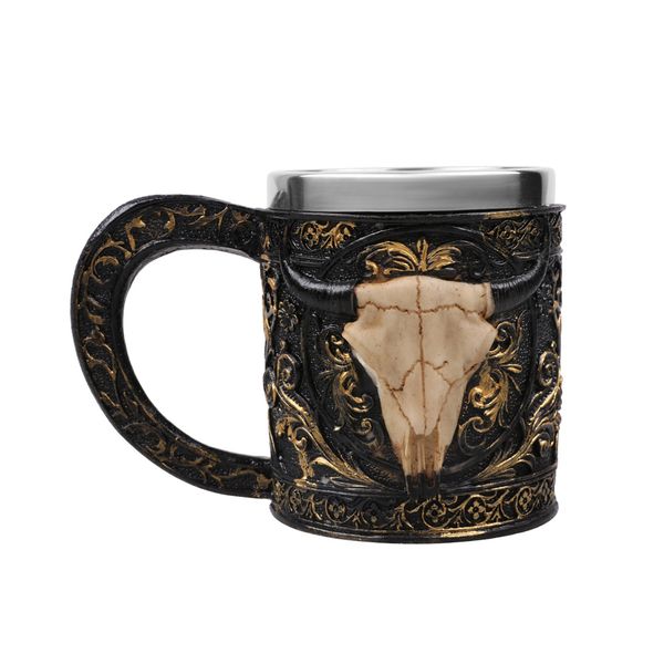 Ram Skull Head Beer Mug Stainless Steel Floral Drinking Cup