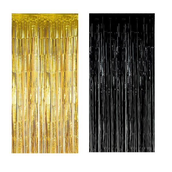 Party Decoration Foil Fringe Backdrop Curtain (1mx2m) Set of 2 Black &amp; Gold