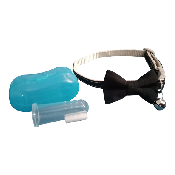 Adjustable Pet Collar with Bell, Plaid Bow Tie + Silicone Finger Toothbrush