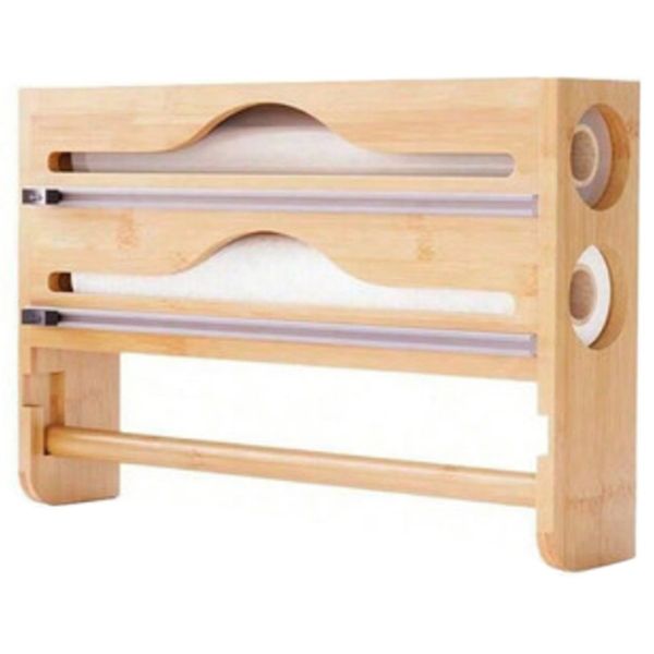 Bamboo 2 Compartment Cling Film Tin Foil Cutter Box with Kitchen Paper Wall